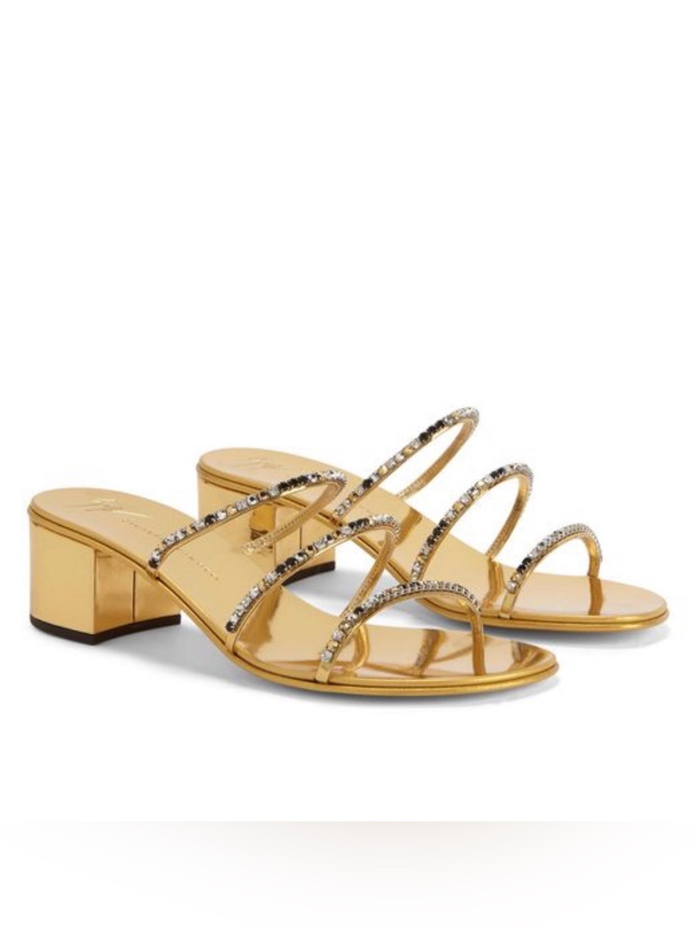 GIUSEPPE ZANOTTI Dark Colorful Gold Crystal Block Heel Strappy Sandals 39.5 9.